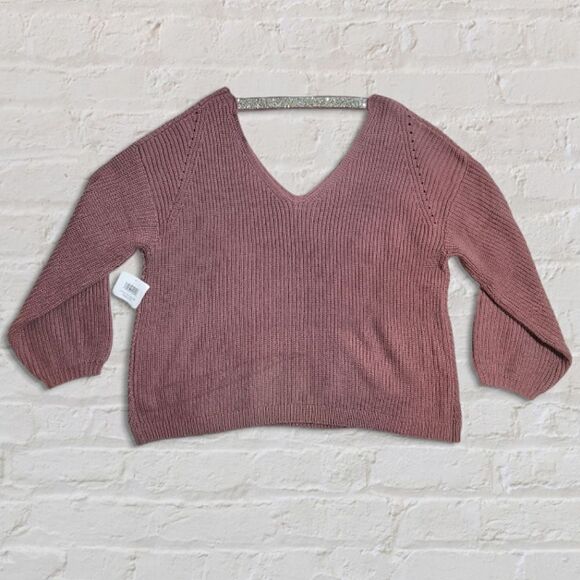 89th & Madison Rosey Mauve Faux Rhinestone Ribbed V-Neck Bishop Sleeve Sweater - Picture 4 of 8
